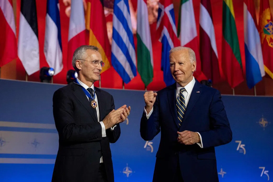 US President Joe Biden (right) awarding the Presidential Medal of Freedom to Nato Secretary General Jens Stoltenberg during Nato's 75th anniversary celebrations in Washington on July 9. 