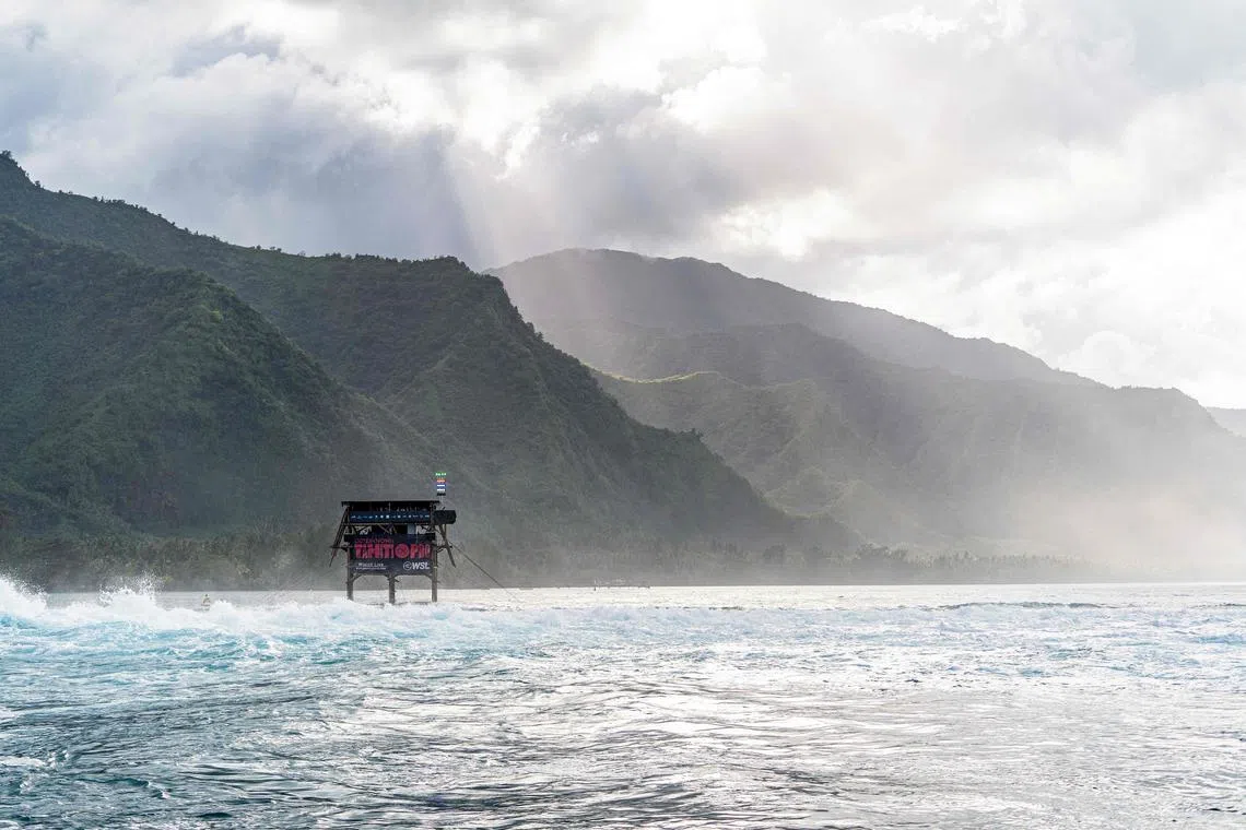 This picture taken on Aug 19, 2022 shows the judges' tower for the Outerknown Tahiti Pro 2022 in Teahupo'o, French Polynesia.