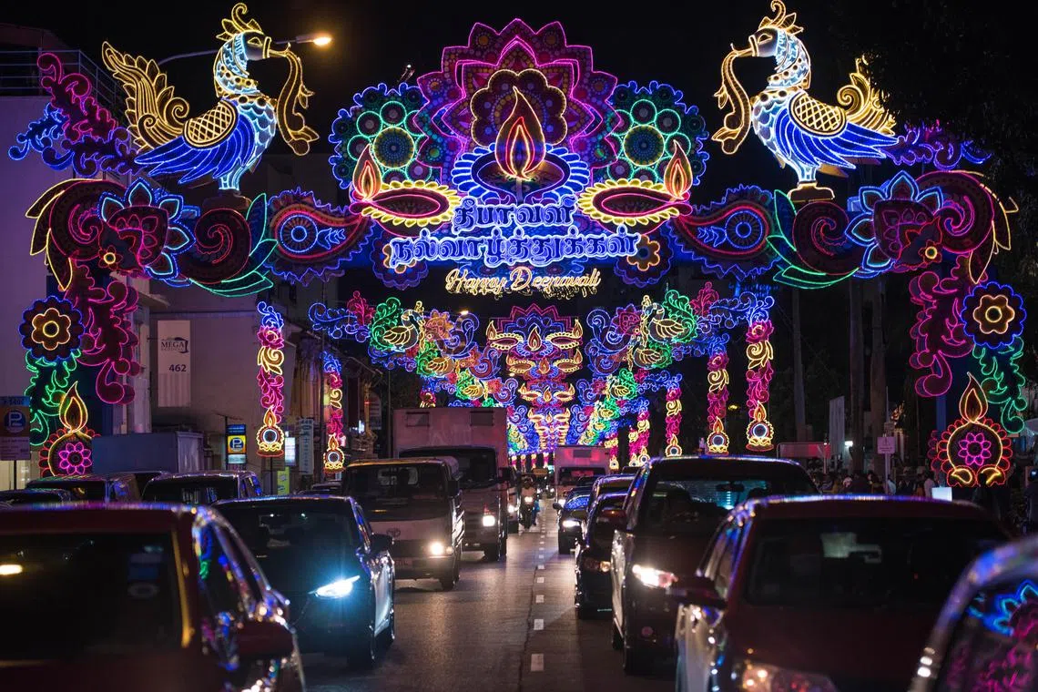 Illuminated, vibrant, mandalas were a key feature of the Deepavali light-up. Mandalas are geometric patterns that usually follow a circular shape. They are a representation of a human's spiritual journey. Just as how the mandalas have layers moving inwards,  a human's spiritual journey is believed to begin externally towards the inner self.