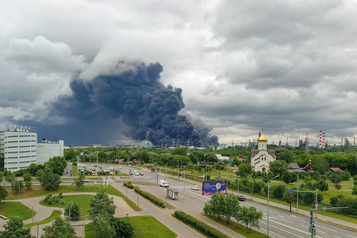 Smoke rises from an oil refinery following a Ukrainian drone attack in the course of Russia-Ukraine conflict, in Moscow, Russia, June 18, 2026, in this picture obtained from social media. SOCIAL MEDIA/via REUTERS