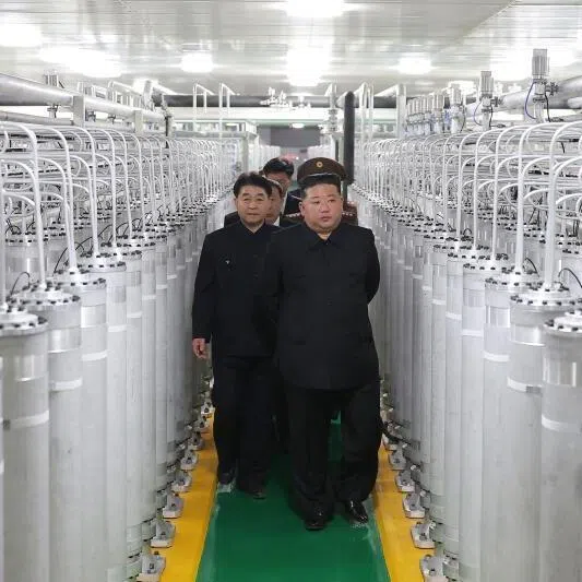 North Korean leader Kim Jong Un inspecting a newly-inaugurated nuclear materials production factory at an undisclosed location in the country on June 3.
