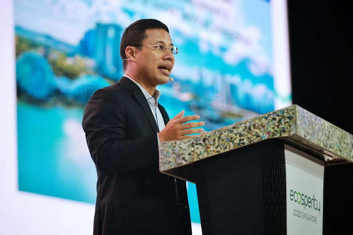 Minister for National Development Desmond Lee speaking at Ecosperity 2023 on June 7.