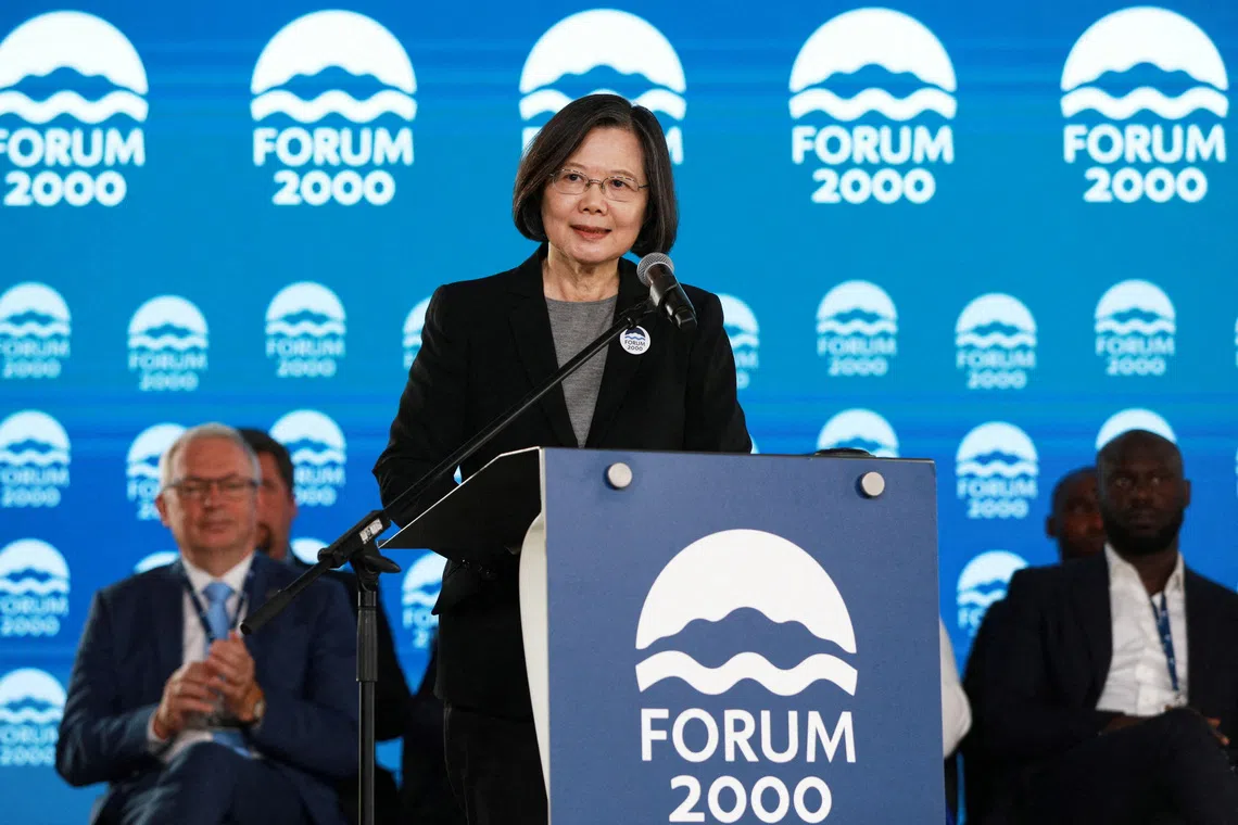 FILE PHOTO: Former Taiwan President Tsai Ing-wen speaks during the annual Forum 2000 conference in Prague, Czech Republic, October 14, 2024. REUTERS/Dorota Holubova/File Photo
