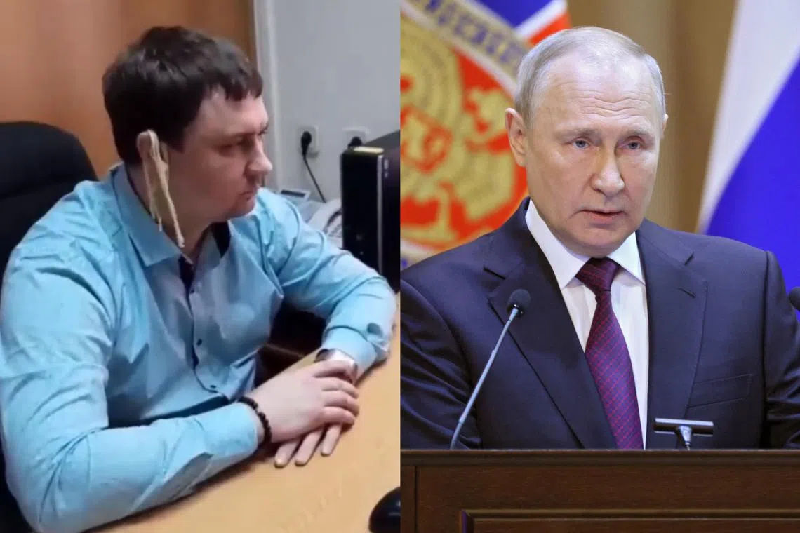 Lawmaker Mikhail Abdalkin listens to President Vladimir Putin’s state of the nation speech with spaghetti draped over his ear.