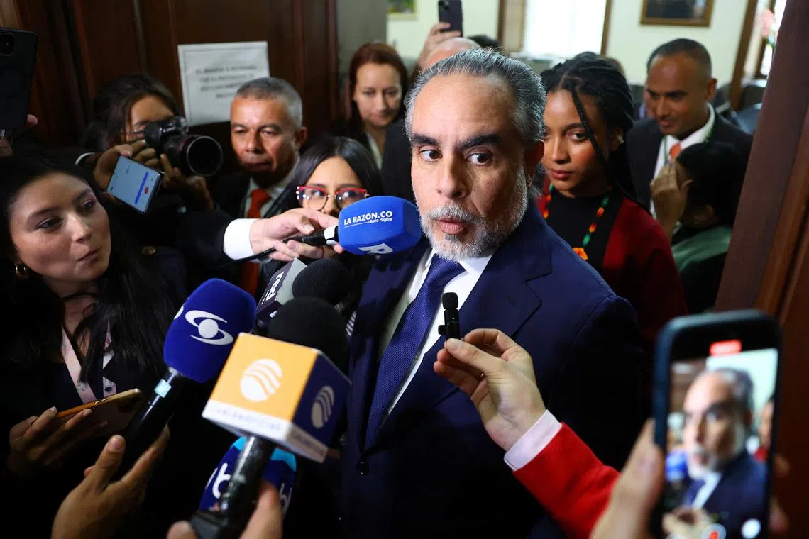 Armando Benedetti, appointed as Colombian Interior Minister by President Gustavo Petro, speaks with the press at the Colombian Congress in Bogota, Colombia February 25, 2025. REUTERS/Luisa Gonzalez