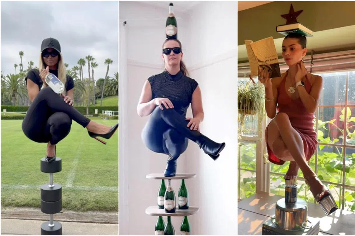 (From left) American singer Ciara, professional circus artist Brianna Kalisch and TikToker Francesca Pagan doing the Nicki Minaj challenge.