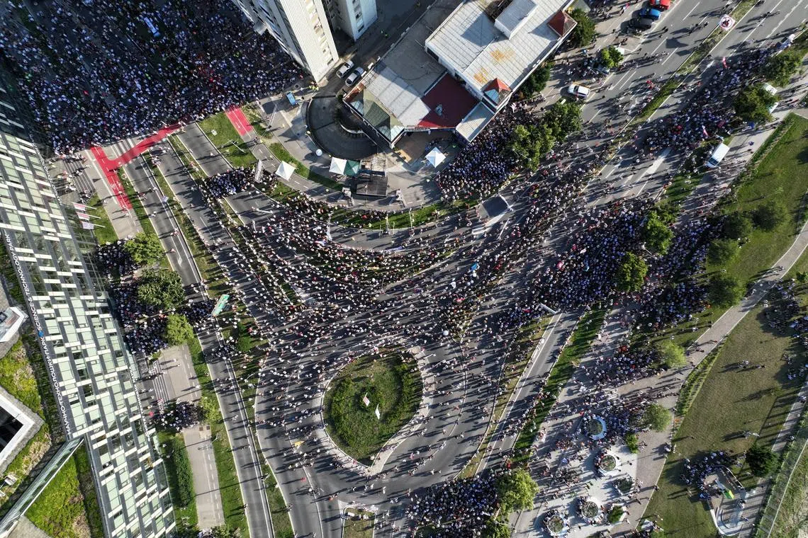 A drone view shows demonstrators attending a student-led protest seeking to maintain the momentum of a nationwide anti-government movement that emerged after the deadly collapse of the Novi Sad railway station canopy in November 2024, in Novi Sad, Serbia, June 20, 2026. REUTERS Zorana Jevtic