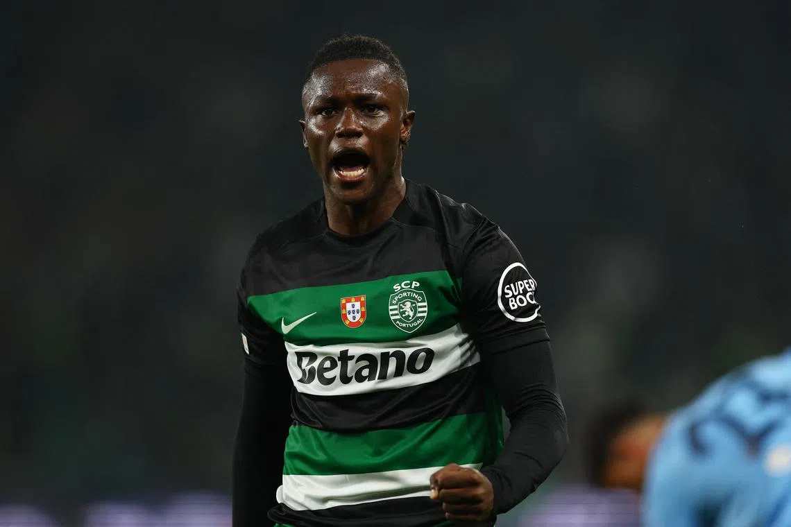 FILE PHOTO: Soccer Football - Champions League - Sporting CP v Manchester City - Estadio Jose Alvalade, Lisbon, Portugal - November 5, 2024 Sporting CP's Geovany Quenda reacts Action Images via Reuters/Andrew Boyers/File Photo