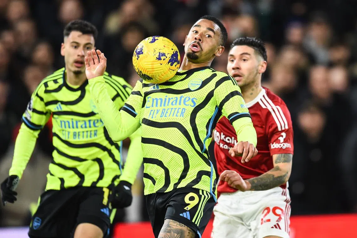 Arsenal’s Gabriel Jesus (centre) in action against Nottingham Forest's Gonzalo Montiel (right).