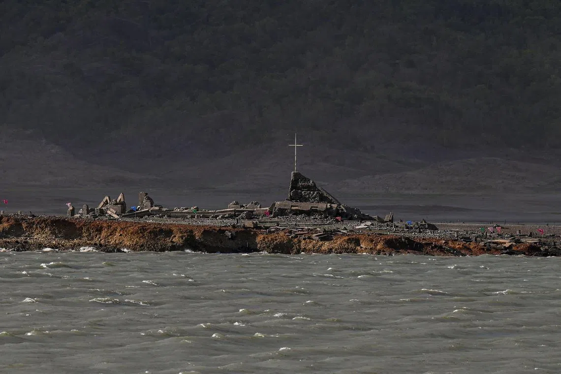 A general view shows the ruins of a church at the old sunken town of Pantabangan in Nueva Ecija province on April 24, 2024.
