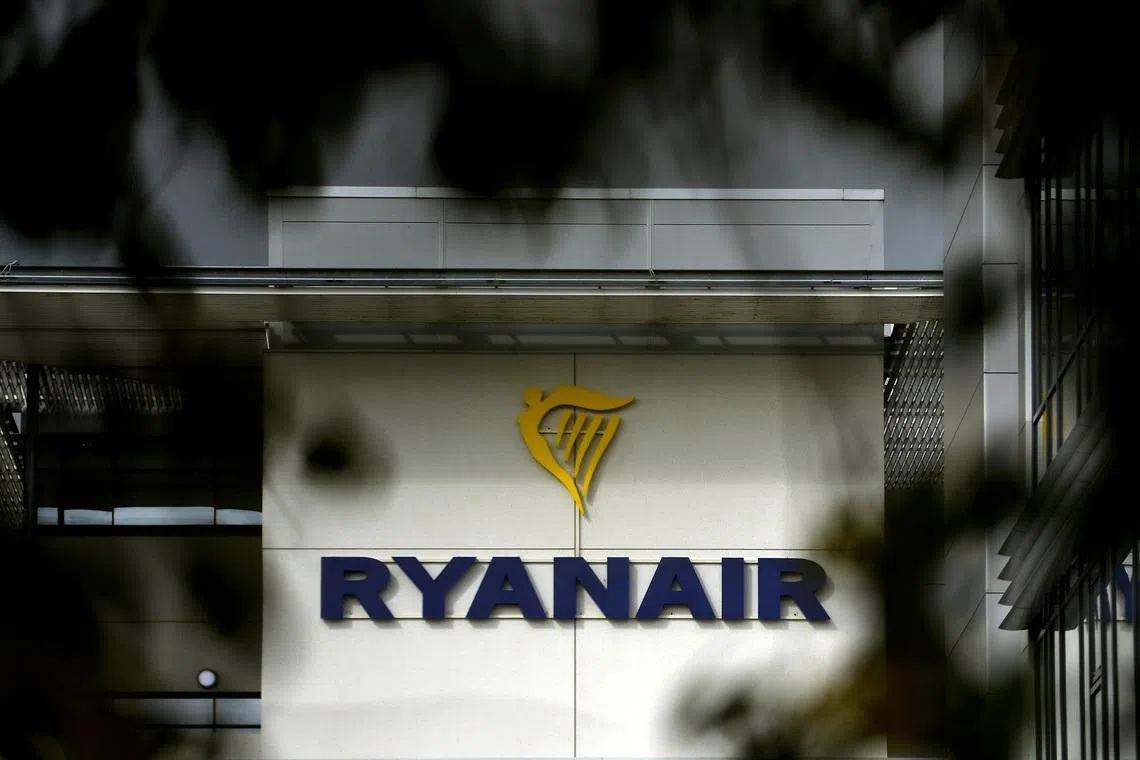 FILE PHOTO: General view of the Ryanair logo at their headquarters in Dublin, Ireland, September 16, 2021. REUTERS/Clodagh Kilcoyne/File Photo