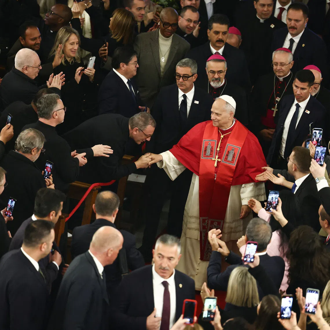 Pope Leo XIV meeting bishops, priests, deacons, consecrated persons, seminarians and pastoral workers at Istanbul's Holy Spirit Cathedral on Nov 28.