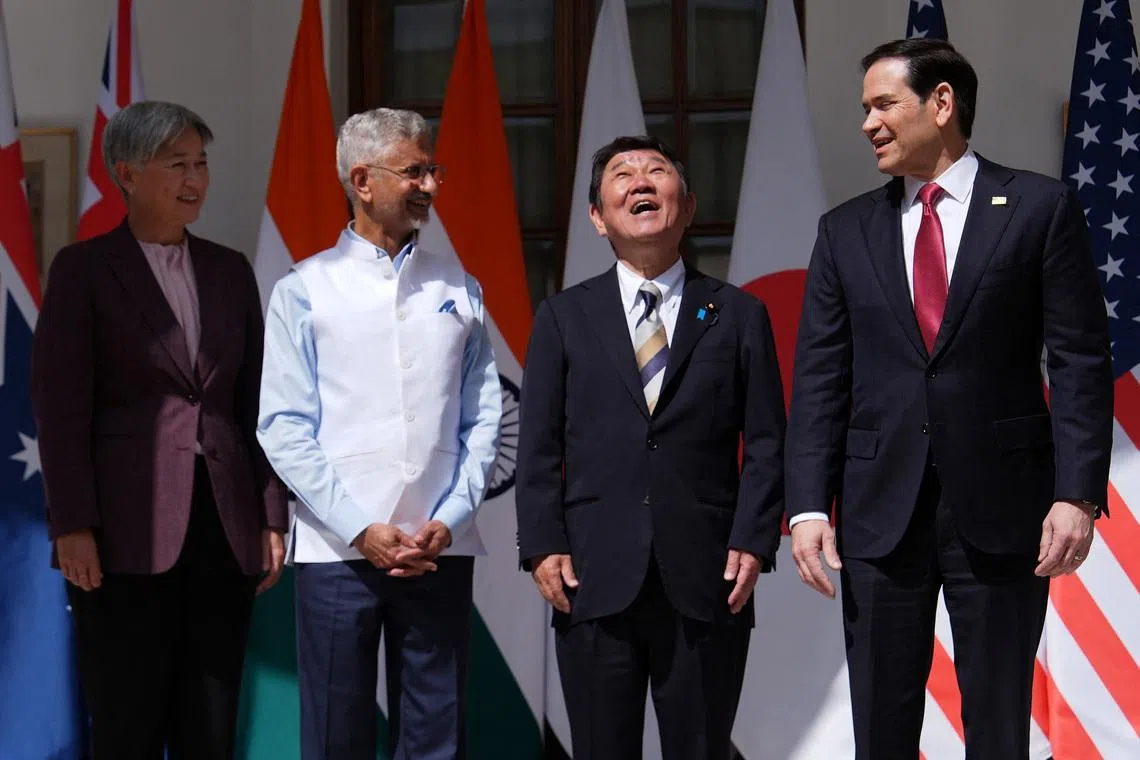 (From left) Australian Foreign Minister Penny Wong, India’s Minister of External Affairs S. Jaishankar, Japanese Foreign Minister Toshimitsu Motegi and US Secretary of State Marco Rubio in New Delhi, India, on May 26.