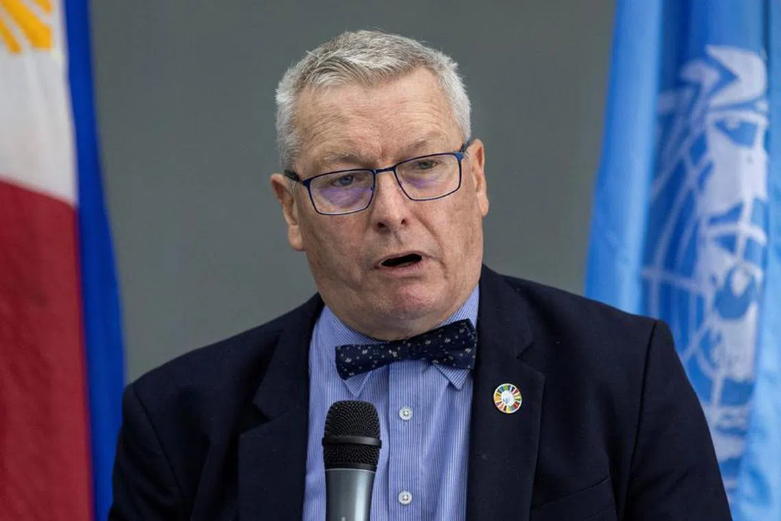 Ian Fry, the United Nations Special Rapporteur on the promotion and protection of human rights in the context of climate change, holds a press conference following a 10-day visit to the country, at Mandaluyong, Metro Manila, Philippines, November 15, 2023. REUTERS/Eloisa Lopez