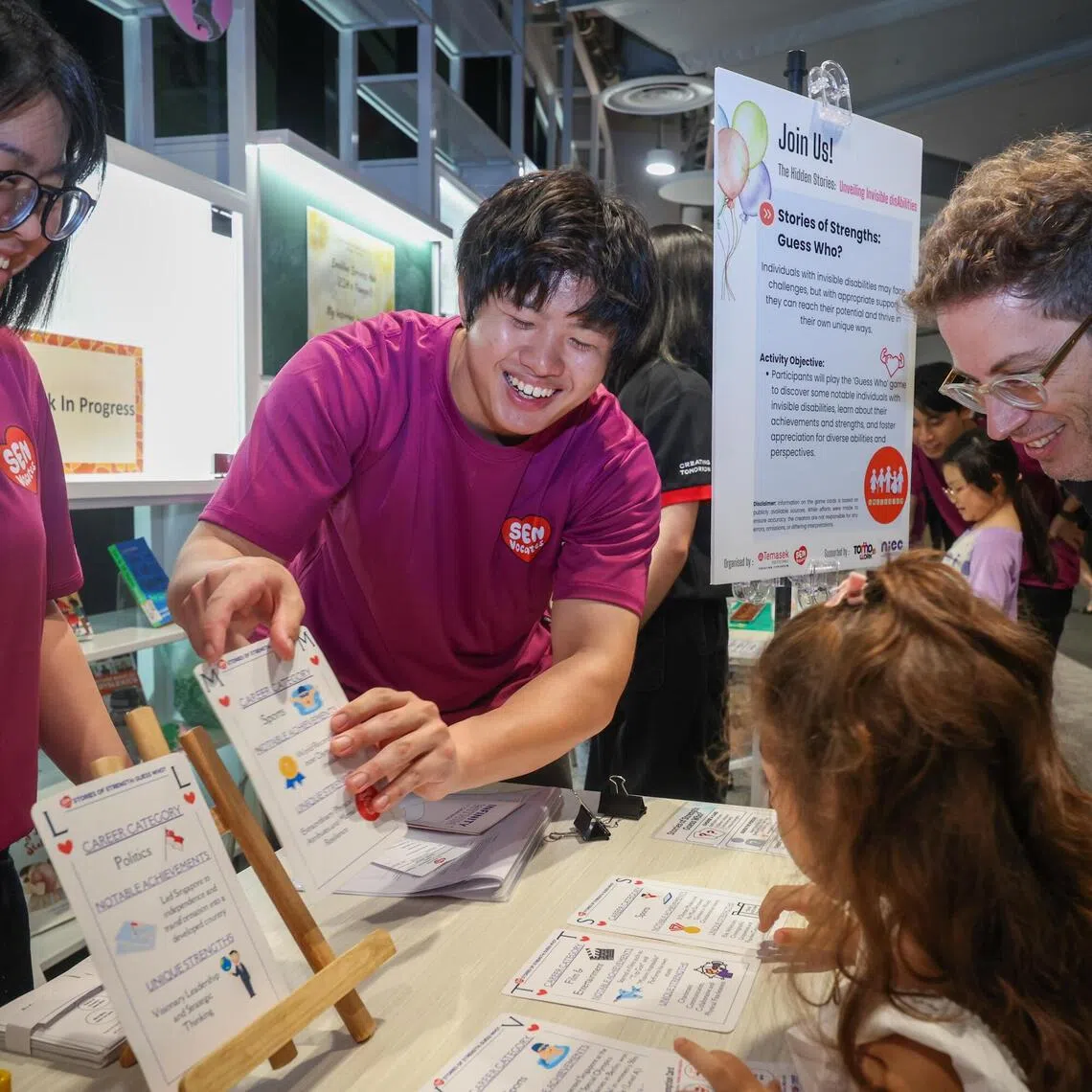 ST20251005_202541300219/ssdisability05/Jason Quah/

Temasek Polytechnic students Yong Hui Xin (left), 17, and Bryan Teo, 23, manning at an activity booth featuring well-known people with invisible disabilities, in The Hidden Stories: Unveiling Invisible disAbilities - a community engagement initiative by SENvocates, TP's student-led advocacy group that champions inclusivity and raises awareness of invisible Special Educational Needs (SEN), at Punggol Regional Library on Oct 5, 2025. ST PHOTO: JASON QUAH

About the booth:
Stories of Strengths: Guess Who?
Individuals with invisible disabilities may face challenges, but with appropriate support, they can reach their potential and thrive in their own unique ways.
Activity Objective:
• Participants will play the 'Guess Who' game to discover some notable individuals with invisible disabilities, learn about their achievements and strengths, and foster appreciation for diverse abilities and perspectives.