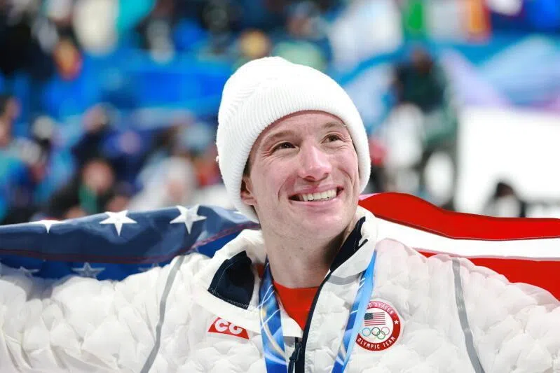 Gold medalist Alex Ferreira from the USA celebrates after the men's freeski halfpipe finals at the Milano Cortina Olympics on Feb 20, 2026.