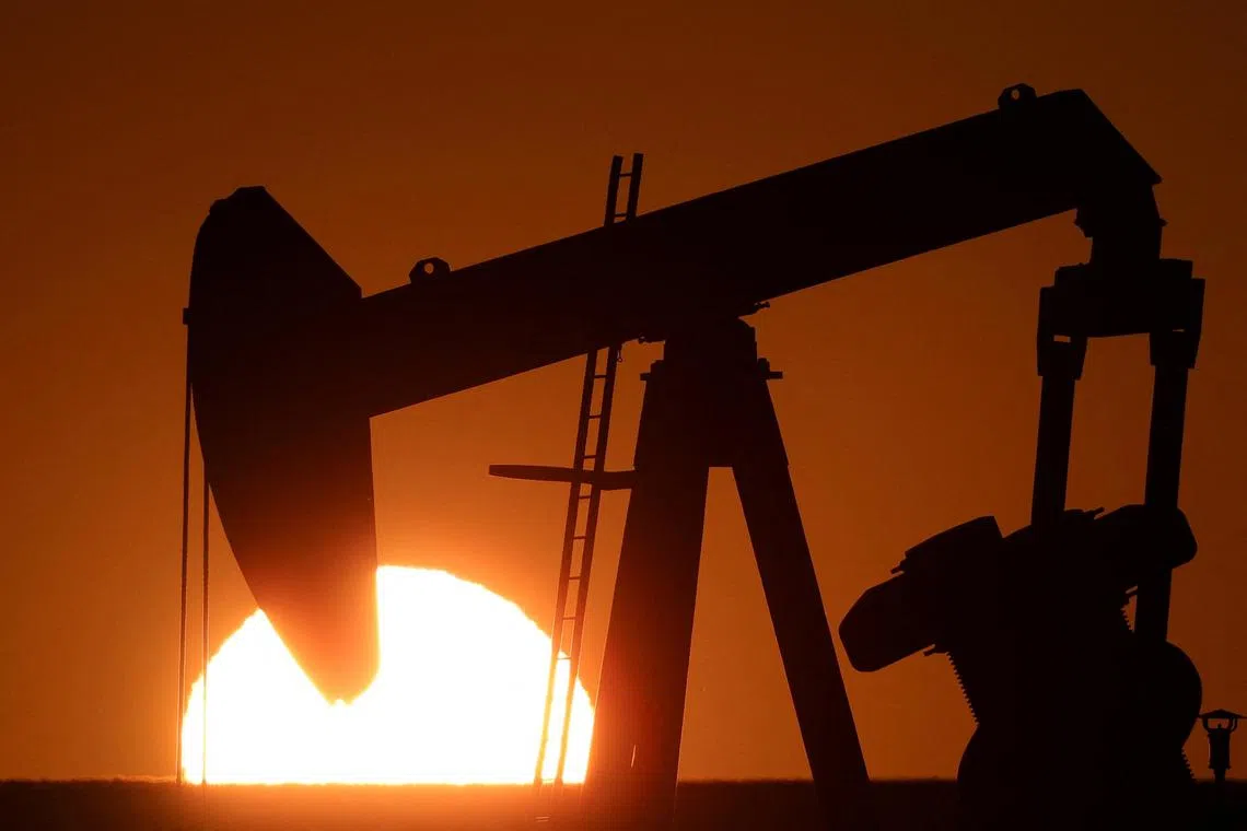 FILE PHOTO: An oil pump of IPC Petroleum France is seen during sunset outside Soudron, near Reims, France, February 6, 2023.  REUTERS/Pascal Rossignol/File Photo