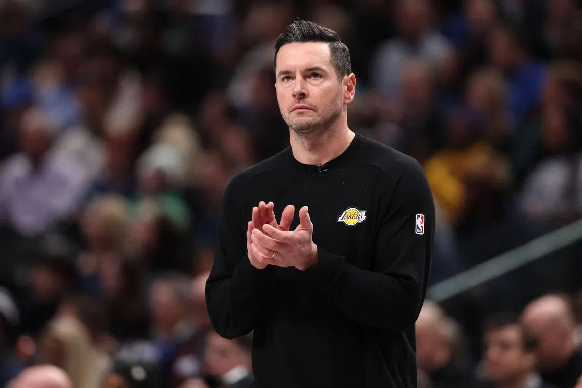 Coach J.J. Redick of the Los Angeles Lakers reacting during the third quarter against the Dallas Mavericks at American Airlines Centre on Jan 7. 