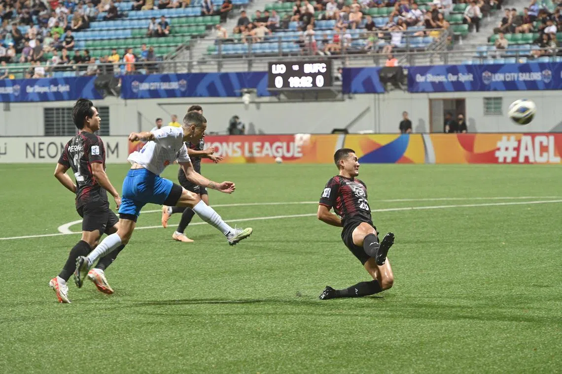 Lion City Sailors's Diego Lopes taking a shot against Bangkok United in their Asian Champions League clash at Jalan Besar Stadium on Sept 20.