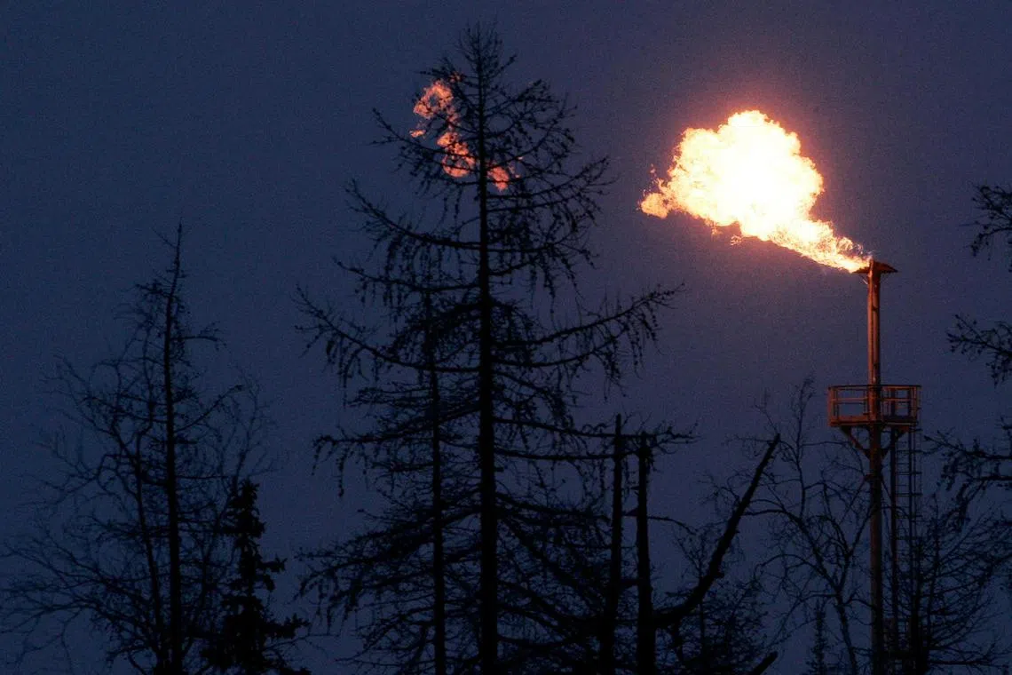 FILE PHOTO: A gas flare is seen at the newly opened Yuzhno Russkoye oil and gas field, some 200 km (124 miles) from the town of Novy Urengoy, December 18, 2007. REUTERS/Denis Sinyakov (RUSSIA)/File Photo