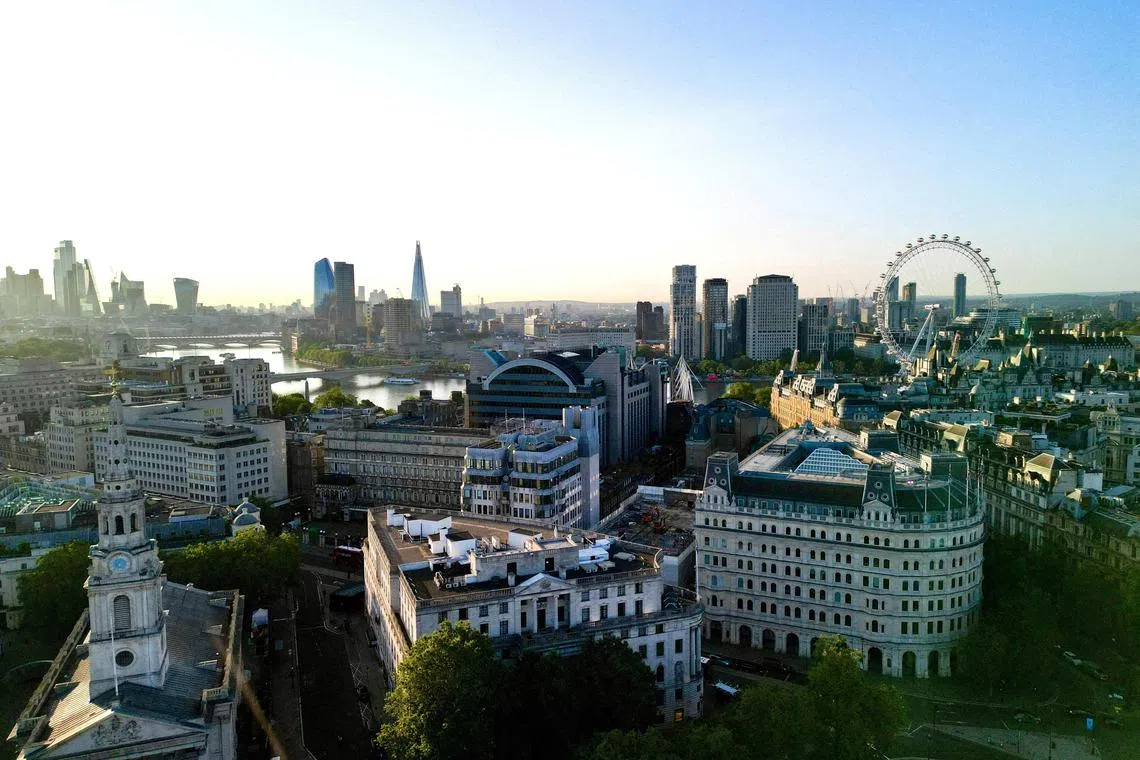 A drone view of London's skyline after daybreak, in London, Britain July 7, 2023. REUTERS/Yann Tessier/File Photo