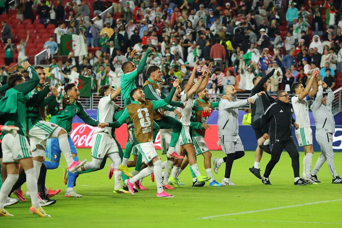 Soccer Football - FIFA World Cup 2026 - Group J - Jordan v Algeria - San Francisco Bay Area Stadium, Santa Clara, California, U.S. - June 22, 2026 Algeria players celebrate after the match REUTERS/Carlos Barria