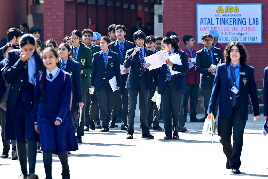 CHANDIGARH, INDIA - FEBRUARY 17: Students coming out of examination centre after the first CBSE Class 10 board exam in sector 16  on February 17, 2026 in Chandigarh, India. (Photo by Ravi Kumar/Hindustan Times via Getty Images)