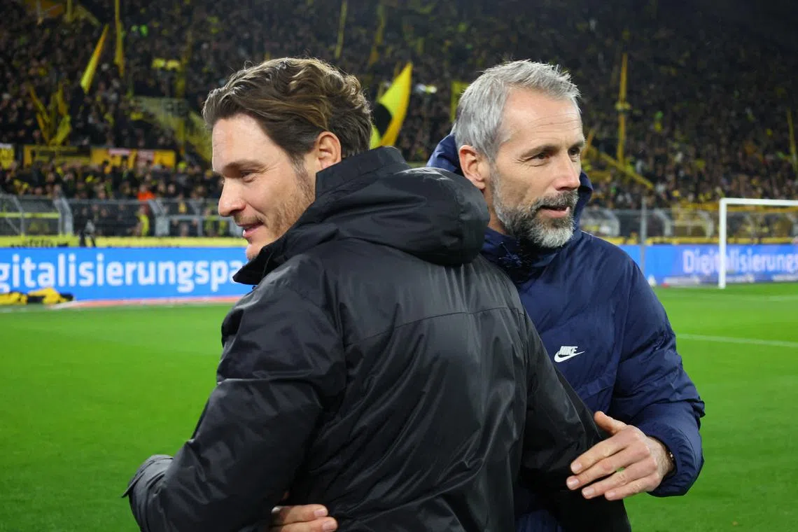 FILE PHOTO: Soccer Football - Bundesliga - Borussia Dortmund v RB Leipzig - Signal Iduna Park, Dortmund, Germany - December 9, 2023 Borussia Dortmund coach Edin Terzic and RB Leipzig coach Marco Rose before the match REUTERS/Wolfgang Rattay/File Photo