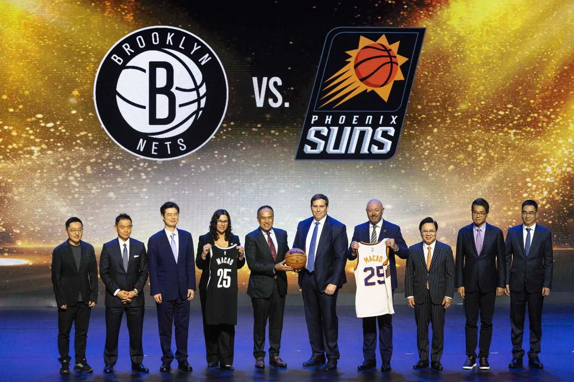 NBA deputy commissioner Mark Tatum (centre, left) and Las Vegas Sands president Patrick Dumont (centre, right) attending a Dec 6 press conference in Macau to announce NBA pre-season games in China for 2025.
