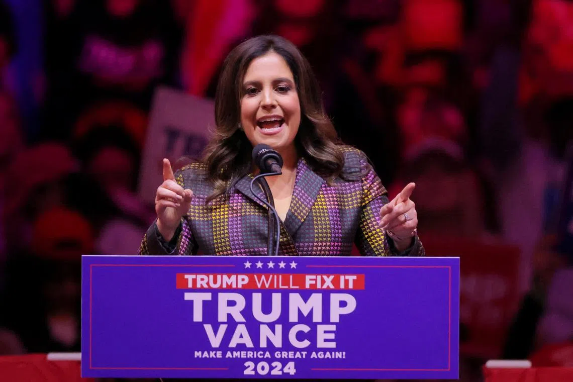 FILE PHOTO: Elise Stefanik, U.S. Representative, speaks during a rally for Republican presidential nominee and former U.S. President Donald Trump at Madison Square Garden, in New York, U.S., October 27, 2024. REUTERS/Andrew Kelly/File Photo