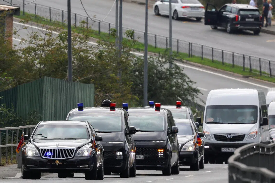 A motorcade transporting North Korean leader Kim Jong Un and other members of the delegation drives along a road in Vladivostok, Russia, on Sept 16, 2023.