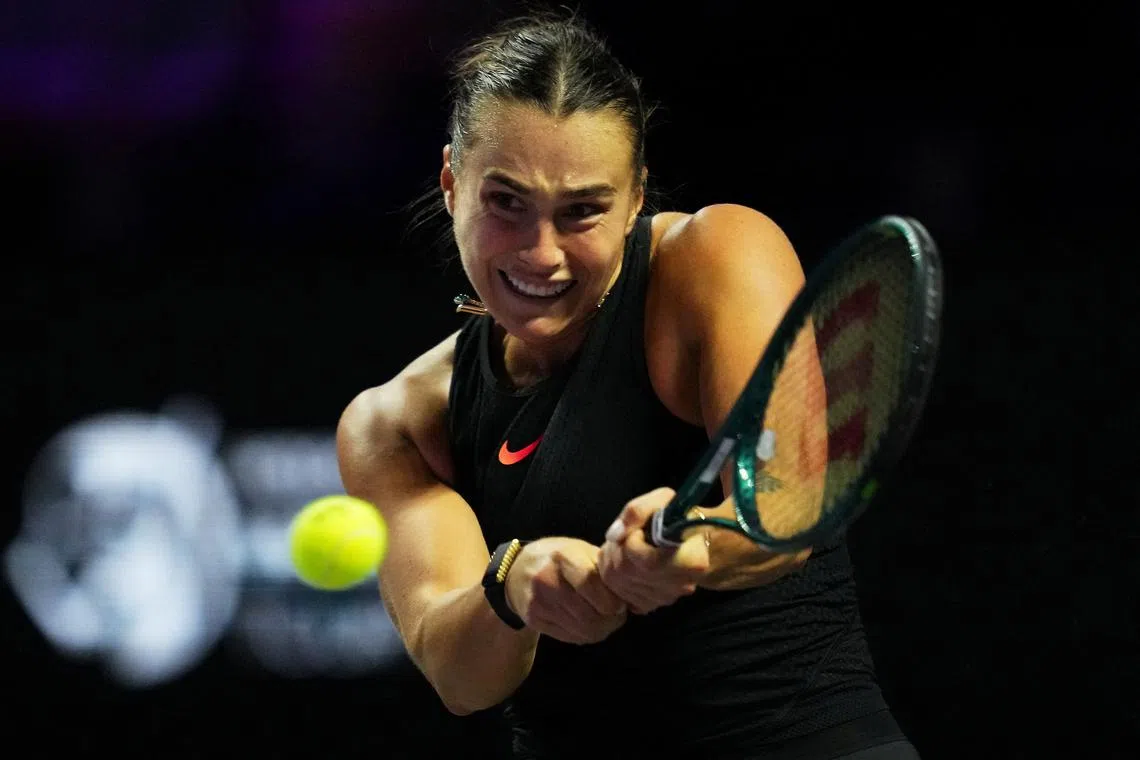 FILE PHOTO: Tennis - WTA Finals - King Saud University Indoor Arena, Riyadh, Saudi Arabia - November 8, 2024 Belarus' Aryna Sabalenka in action during her women's singles semi final match against Coco Gauff of the U.S. REUTERS/Aleksandra Szmigiel/File Photo
