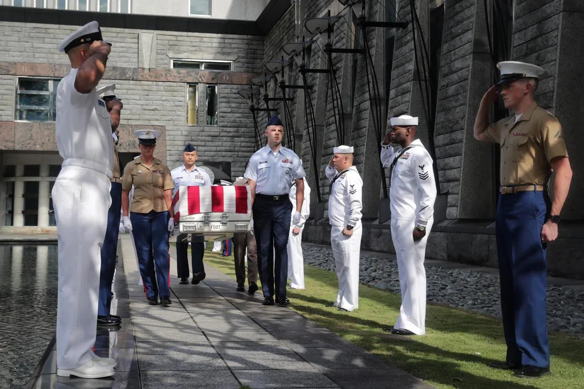 ST20230502_202360549583: Gin Tay / ajembassy02/ Andrew James Wong/

Repatriation Transfer Ceremony at the US Embassy Singapore on May 2, 2023.

//This event is to honor U.S. service members lost in World War II in a military aircraft crash at sea; and whose remains were recently recovered during a Defense POW/MIA Accounting Agency (DPAA) mission.