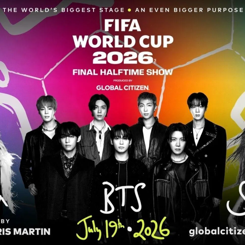A promotional poster for the 2026 FIFA World Cup final halftime show featuring BTS, Madonna and Shakira.