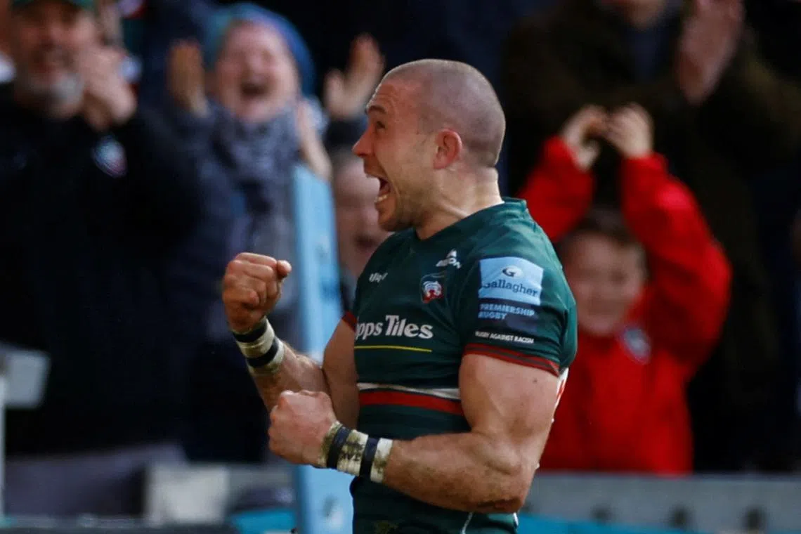 FILE PHOTO: Rugby Union - Premiership - Leicester Tigers v Saracens - Welford Road Stadium, Leicester, Britain - February 19, 2023 Leicester Tigers' Mike Brown celebrates scoring their third try  Action Images/Peter Cziborra