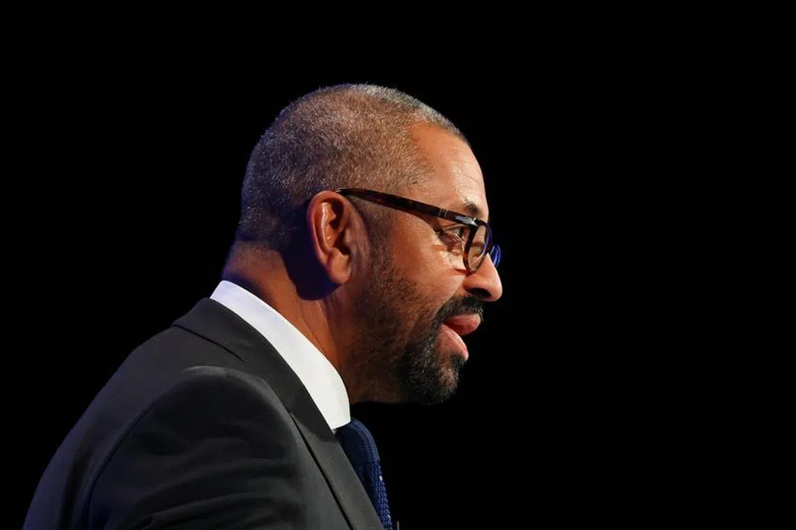 FILE PHOTO: British Foreign Secretary James Cleverly speaks on stage at the Conservative Party's annual conference in Manchester, Britain, October 1, 2023. REUTERS/Hannah McKay/File Photo