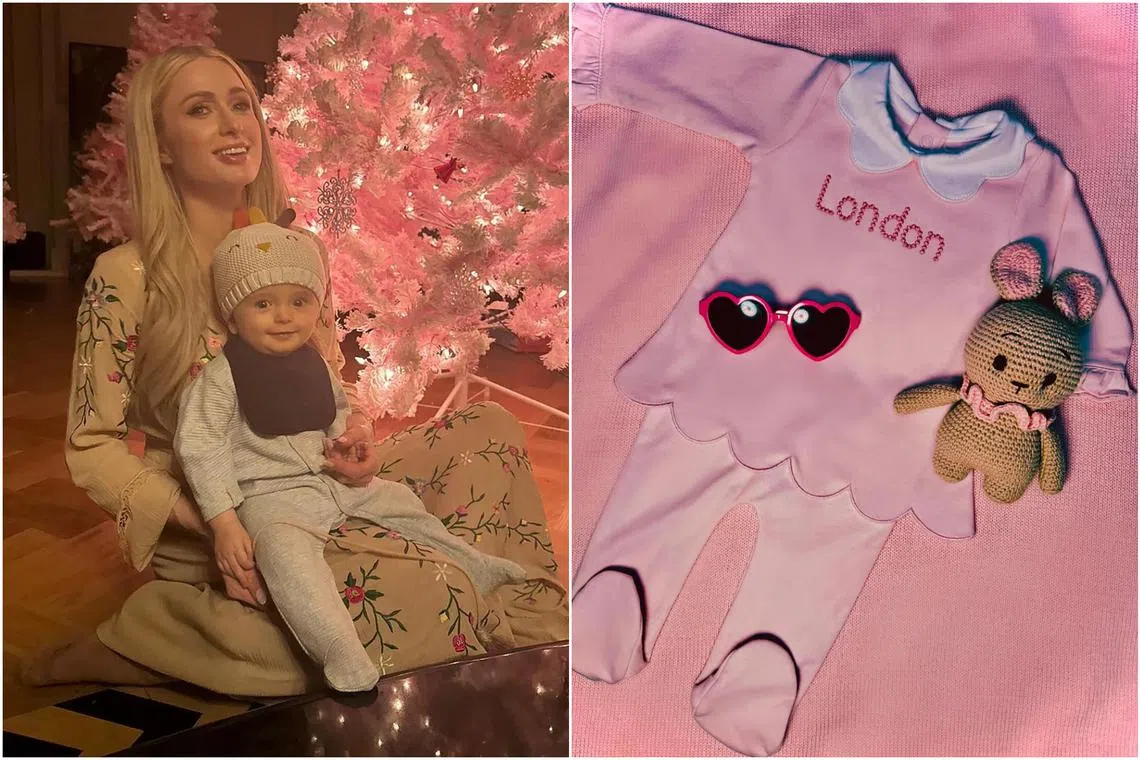 Paris Hilton shared a series of snapshots of herself and 11-month-old son Phoenix sitting next to pink Christmas trees.