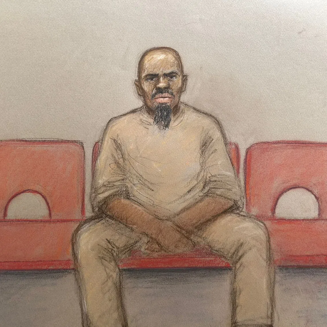 FILE PHOTO: Essa Suleiman who is charged with attempted murder over a knife attack during which two Jewish men were stabbed in Golders Green, north London, appears via video link at the Old Bailey as his trial date has been set for next March, in London, Britain, May 15, 2026, in this courtroom sketch. REUTERS/Julia Quenzler/File Photo