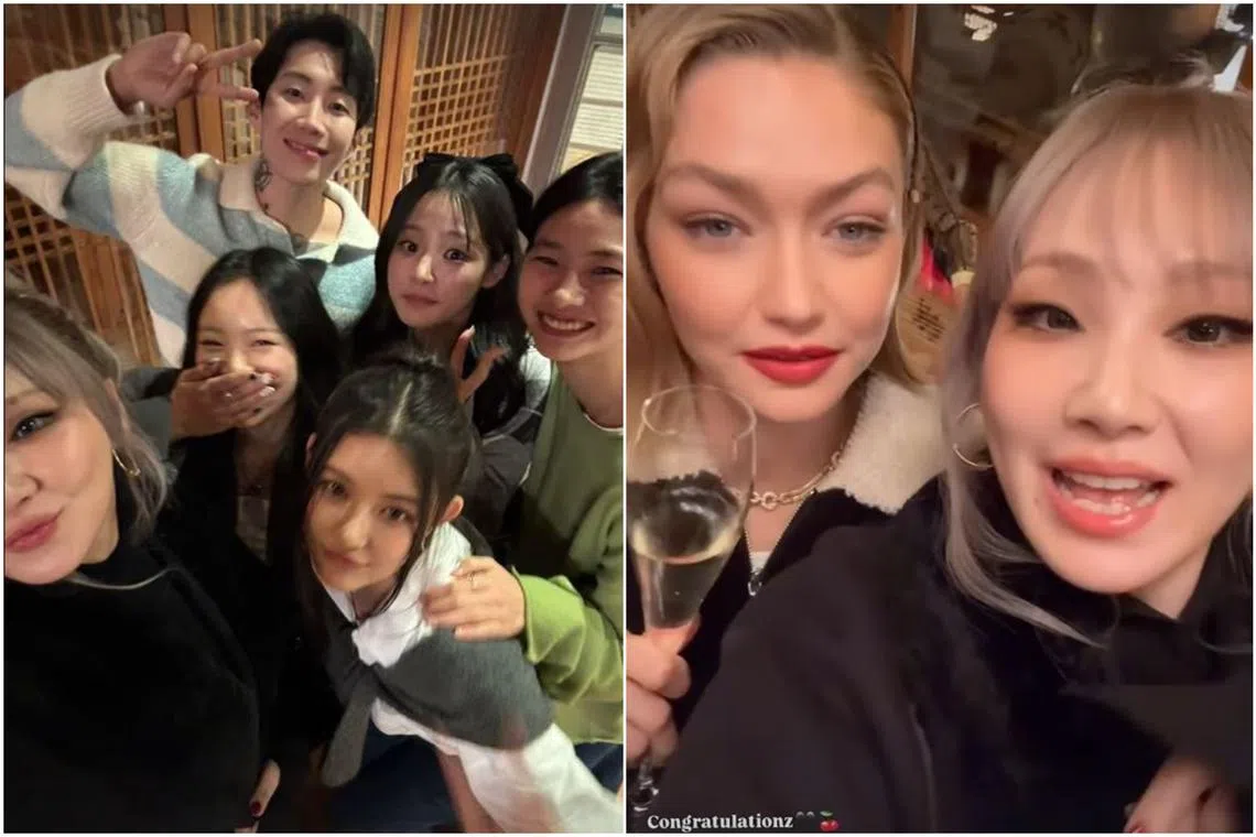 K-pop stars (front row from far left) CL, Hanni, Danielle, (back row from far left) Jay Park and Minji, as well as South Korean model-actress Jung Ho-yeon, at a dinner hosted by American model Gigi Hadid (second from right, pictured with 2NE1's leader CL.