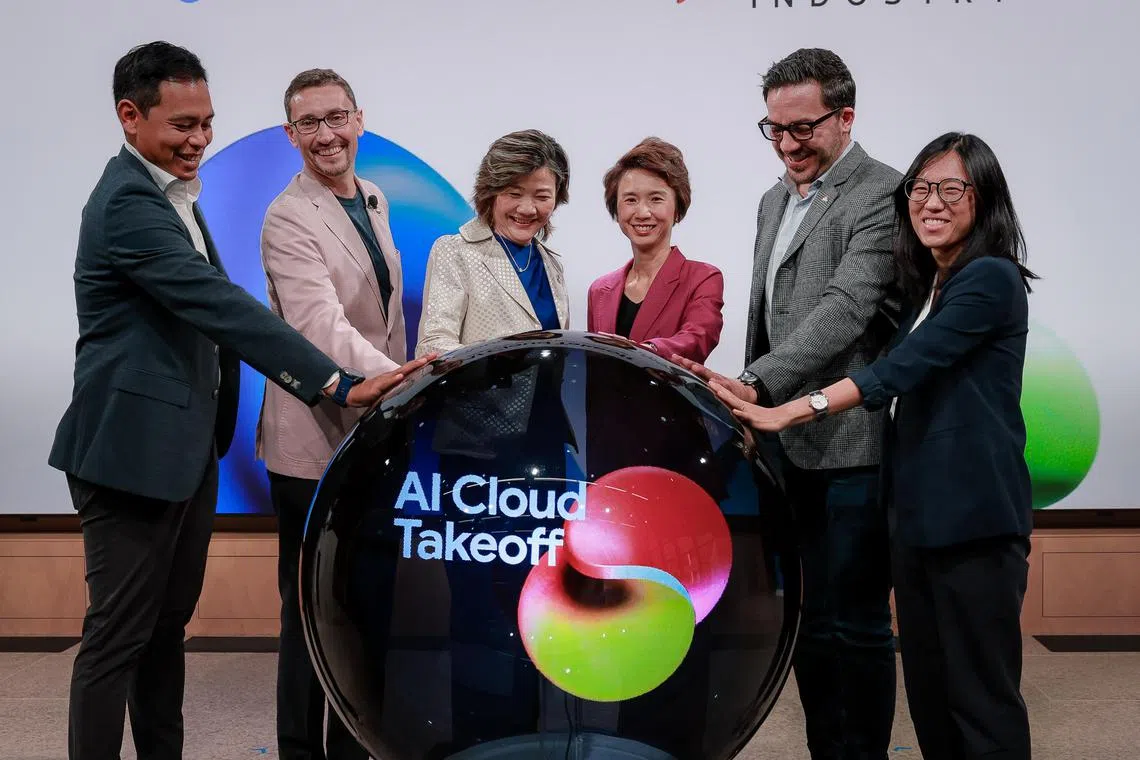 From left: 
Philbert Gomez, Senior Vice President; Head and Executive Director, Digital Industry Singapore; 

Luka Debeljak, Director, Customer Engineering, Southeast Asia, Google Cloud; 

Serene Sia, Country Director, Singapore and Malaysia, Google Cloud; 

Ms Low Yen Ling, Senior Minister of State, Ministry of Trade and Industry and Ministry of Culture, Community and Youth; 

Mark Micallef, Managing Director, Southeast Asia Google Cloud ; 

Mabel Seah, Assistant Vice President, Digital Industry Singapore; 

launching AI Cloud Take-Off (AI CTO) held at the Google office in Pasir Panjang on June 13, 2025.