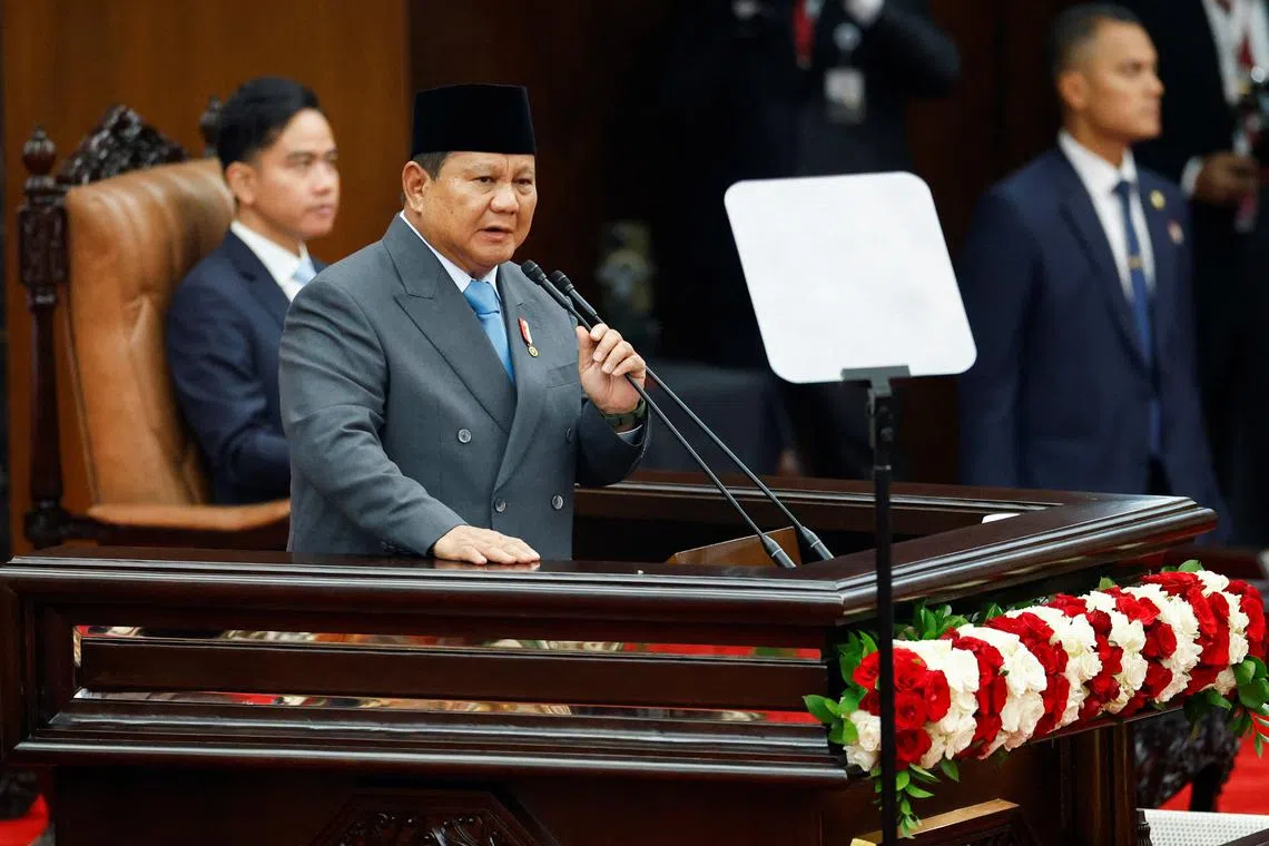 Indonesian President Prabowo Subianto delivers his annual State of the Nation Address, ahead of the country's Independence Day, in Jakarta, Indonesia, August 15, 2025. REUTERS/Ajeng Dinar Ulfiana/Pool/ File Photo