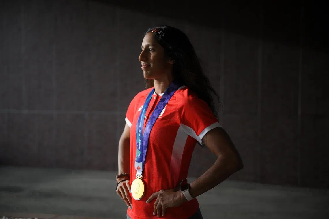 Shanti Pereira, the 2026 Asian Games 200m gold medalist, pictured at her hotel on Sept 30.
