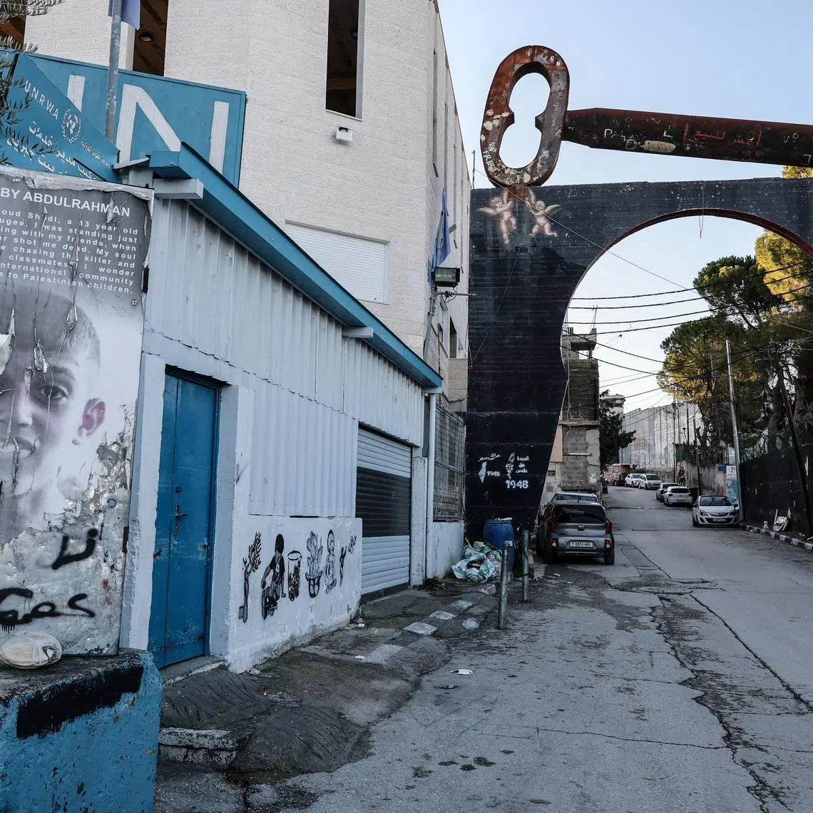 The Palestinian key of return lies on the entrance arch of the camp near an UNRWA center, in the Aida refugee camp in Bethlehem, in the Israeli-occupied West Bank, January 11, 2026. REUTERS/Ammar Awad