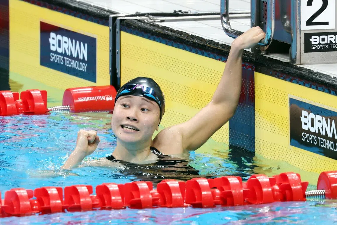 Singapore’s Gan Ching Hwee after touching the wall second in the Asian Games women’s 800m freestyle final to add to her silvers in the 400m and 1,500m events.