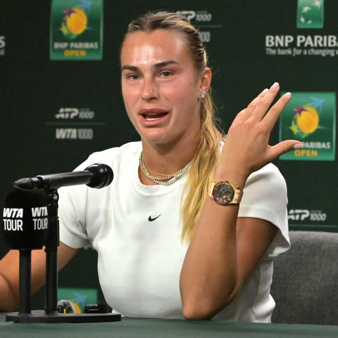 Aryna Sabalenka speaks at a press conference during the BNP Paribas Open at the Indian Wells Tennis Garden. 