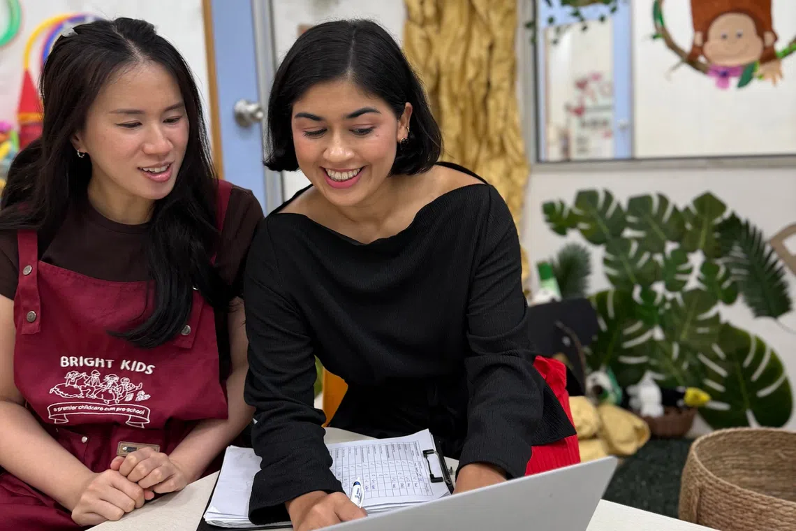Playgroup teacher Angie Lee and Centre Principal Ayman Zaidi from Bright Kids School House use non-contact time to complete non-teaching tasks.