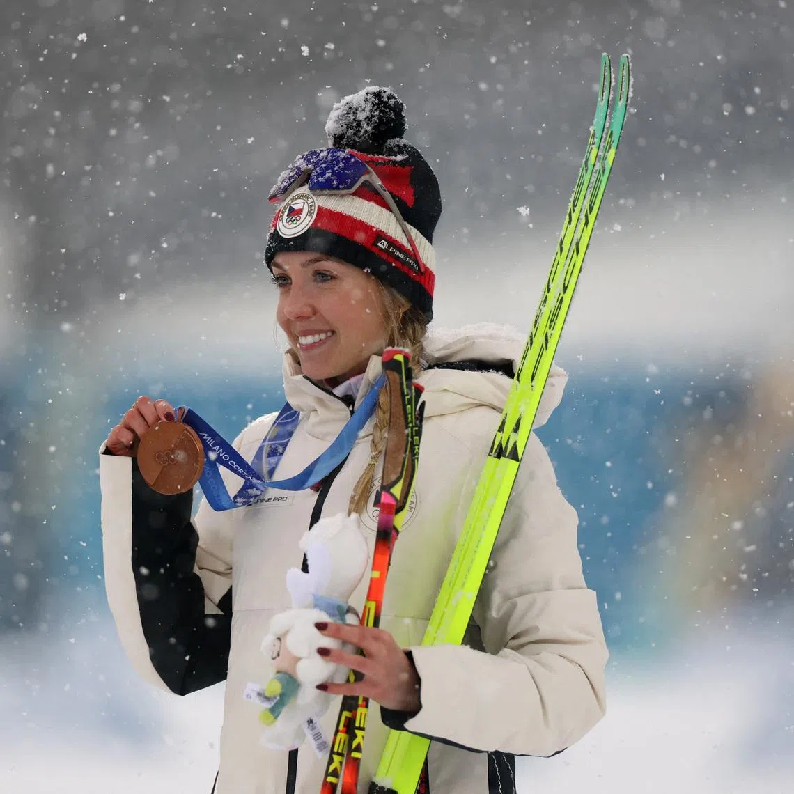 Milano Cortina 2026 Olympics - Biathlon - Women's 12.5km Mass Start Victory Ceremony - Anterselva Biathlon Arena, South Tyrol, Italy - February 21, 2026. Bronze medallist Tereza Vobornikova of Czech Republic celebrates on the podium REUTERS/Eloisa Lopez