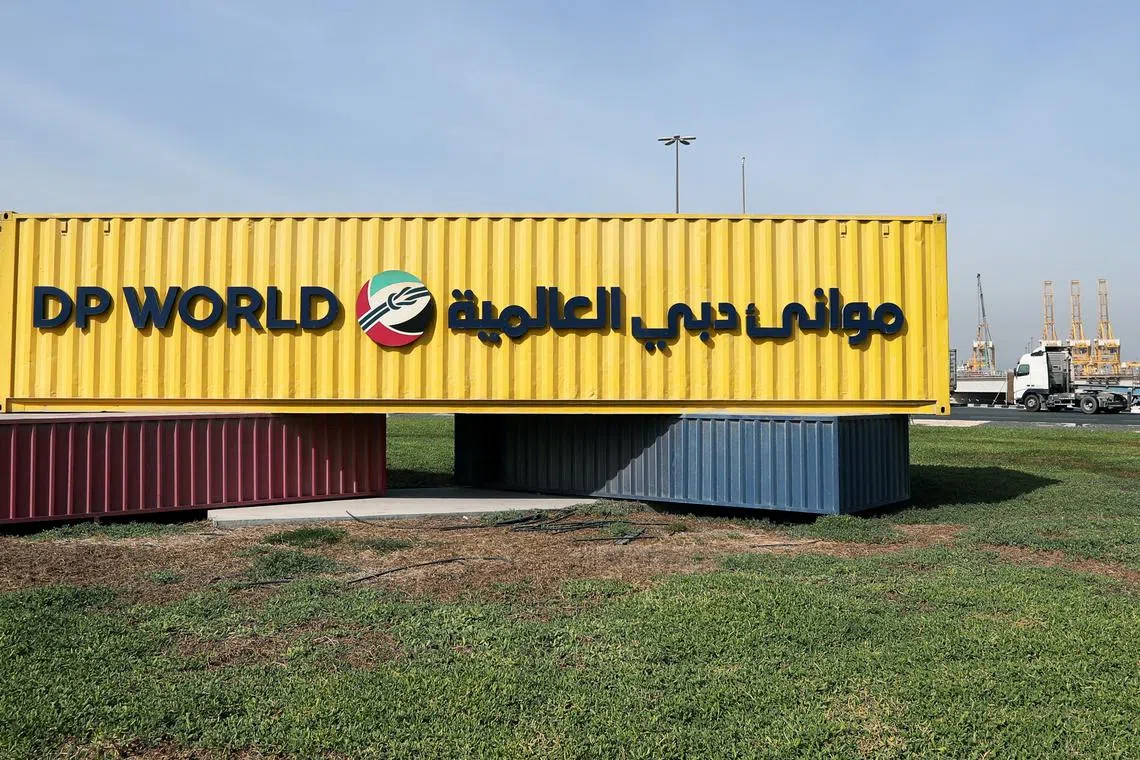 FILE PHOTO: The corporate logo of DP World is seen at Jebel Ali Port in Dubai, United Arab Emirates, December 27, 2018. Picture taken December 27, 2018. REUTERS/Hamad I Mohammed/File Photo