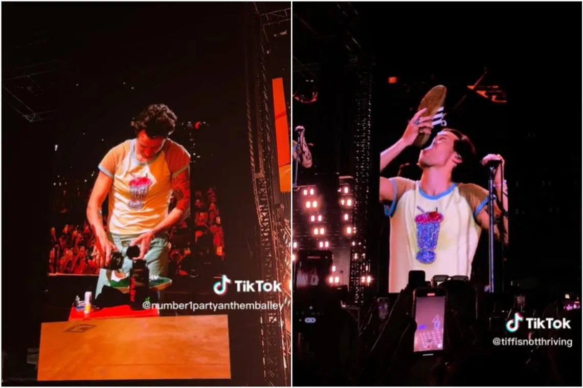 Footage show Harry Styles filling his sneaker with water before gulping down the “shoe juice”.