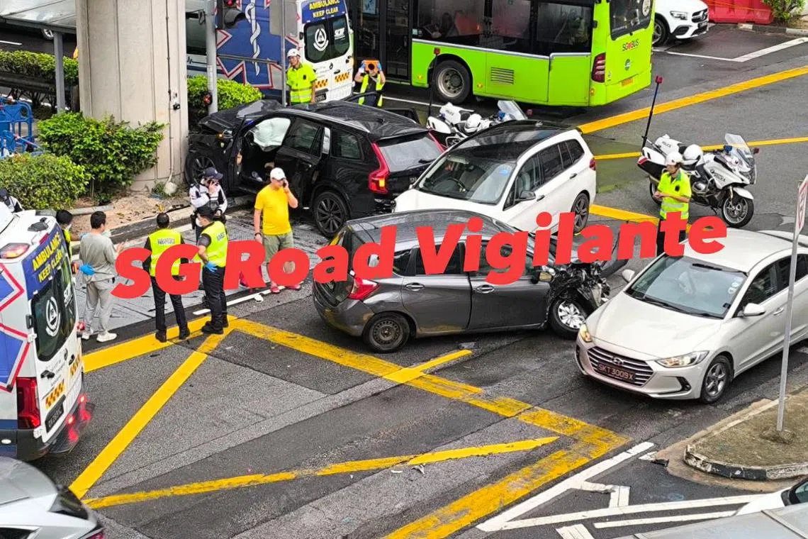One of the cars is seen mounted on the kerb, while another appears to have sustained heavy damage on its front part.